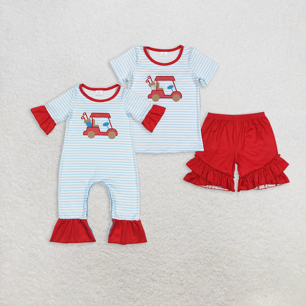 6.18 RTS NO MOQ Stripe golf shirt ruffle shorts girls summer clothes rompers