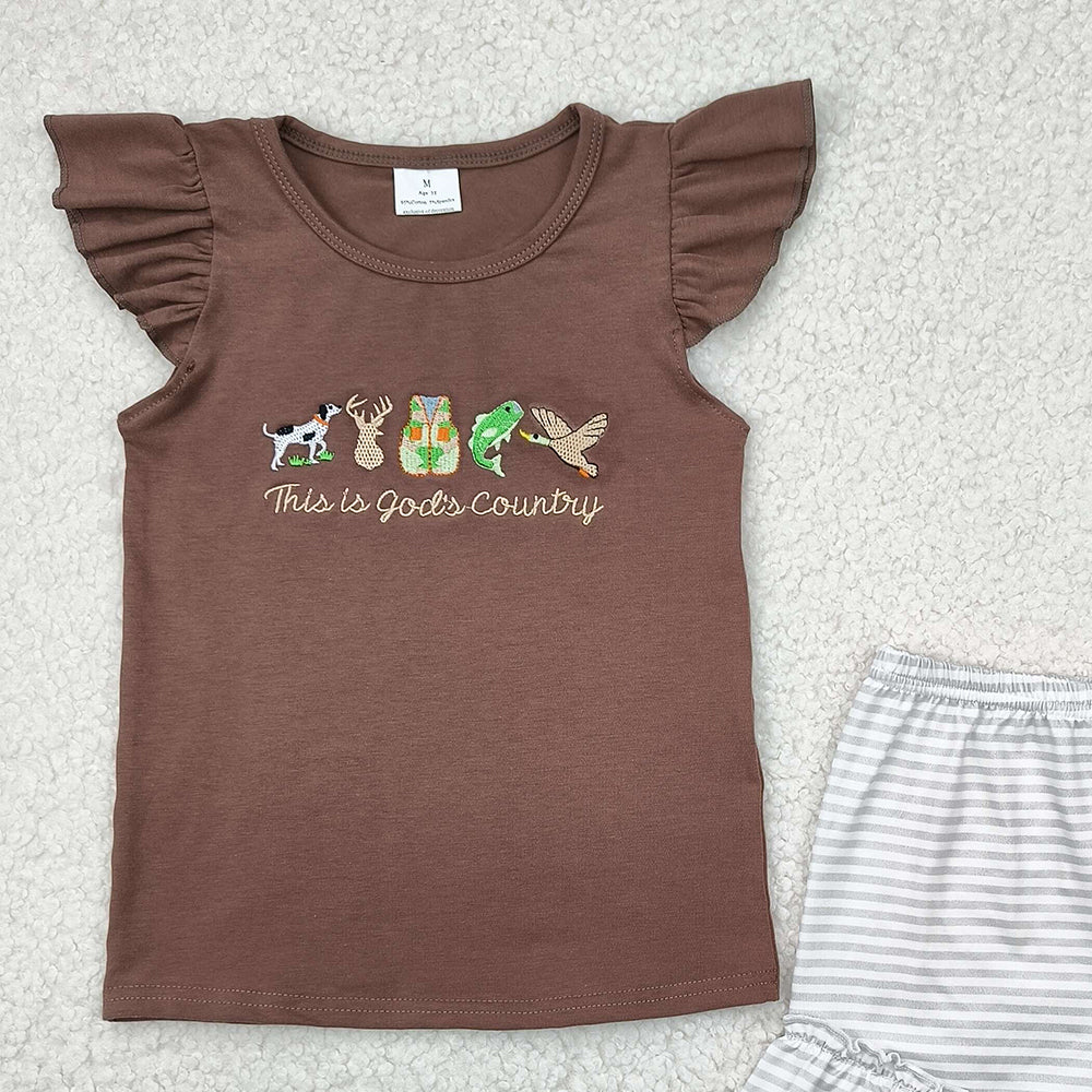 6.09    GSSO2353 RTS NO MOQ Baby Girls Summer Outfits Baby Girls Brown Flutter Sleeves Gods Country Top Ruffle Stripe Short Set
