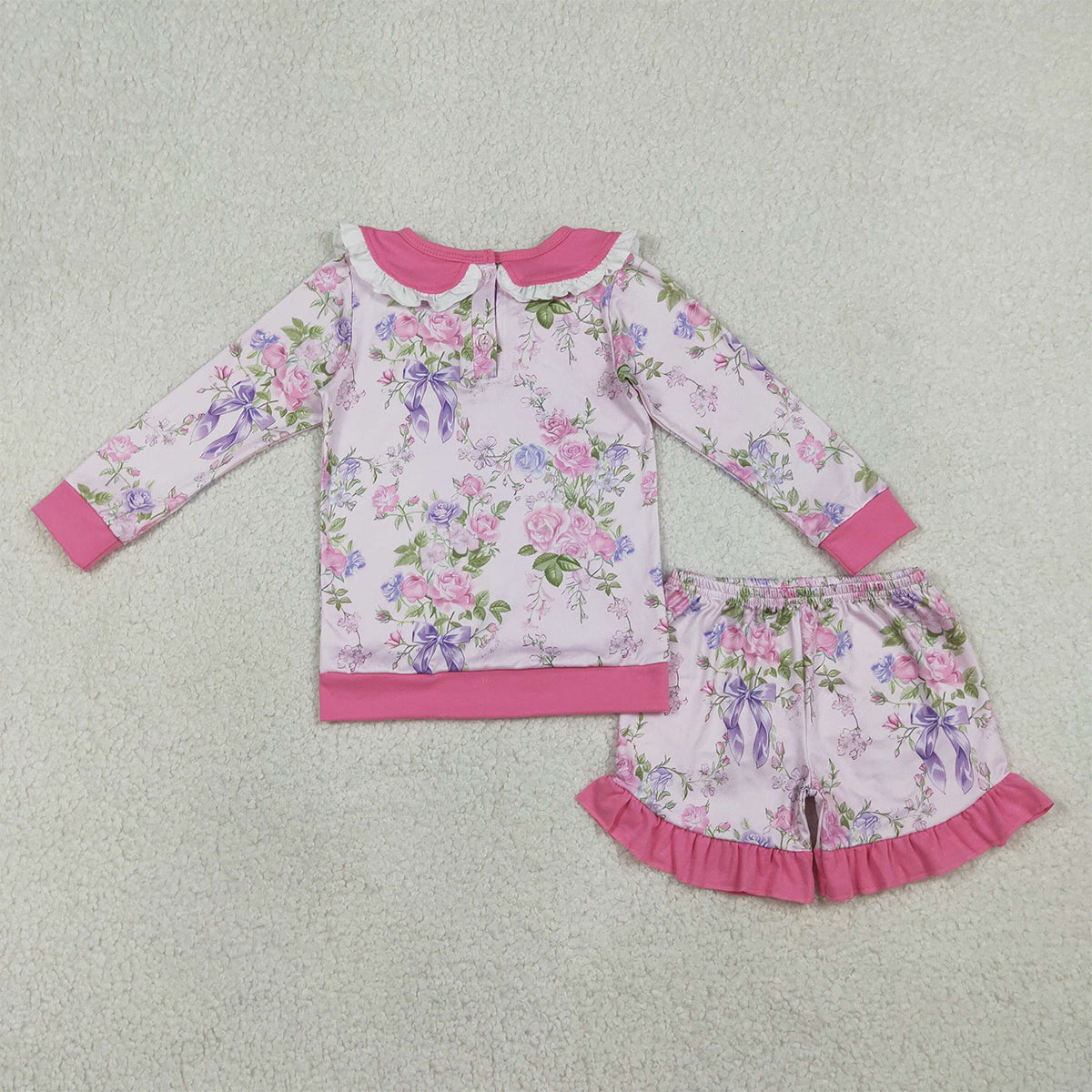 1.20 RTS NO MOQ （In stock）GLS0082 Baby Girls Pink Flowers Collar Top Ruffle Shorts Clothes Sets
