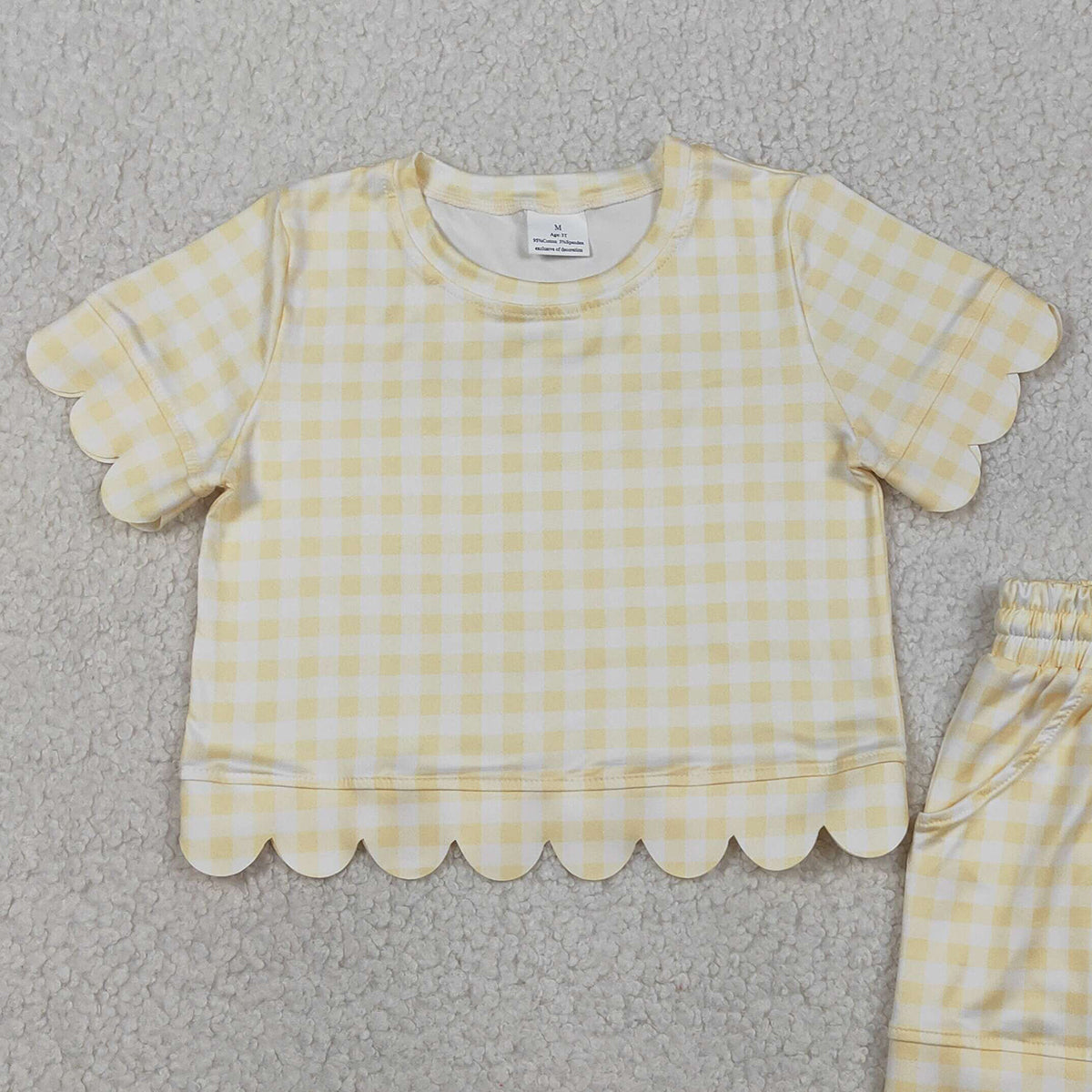 3.28 RTS NO MOQ （In stock）GSSO3185 Yellow plaid scallop top shorts girls summer outfit