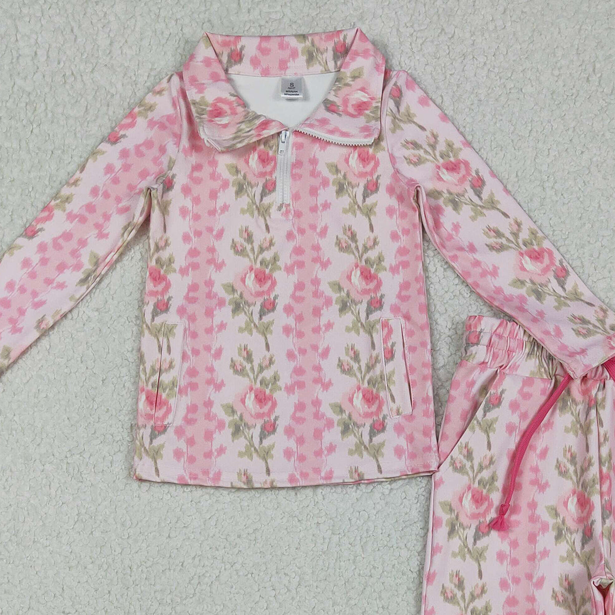 12.8 RTS NO MOQ （In stock）GLP2940 Baby Girls Pink Flowers Stripe Pockets Zipper Pullovers Jogger Yoga Active Clothes Set