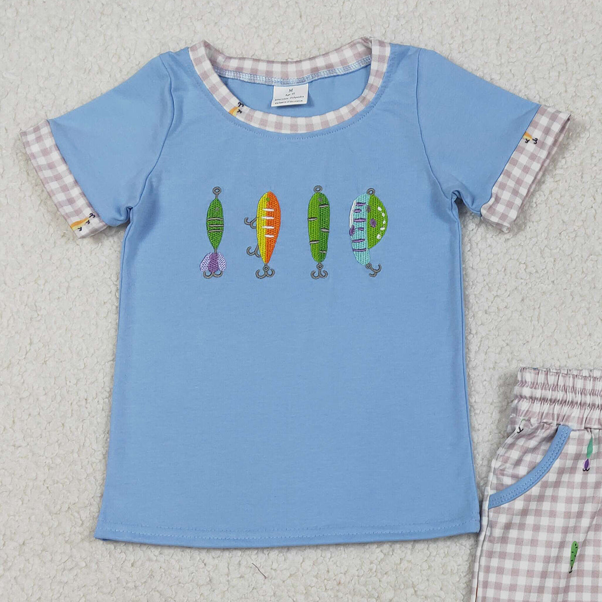 12.16 RTS NO MOQ （In stock）BSSO1617 Embroidery Fishing Baby Boys Top Checked Pockets Shorts Hunting Clothes Sets