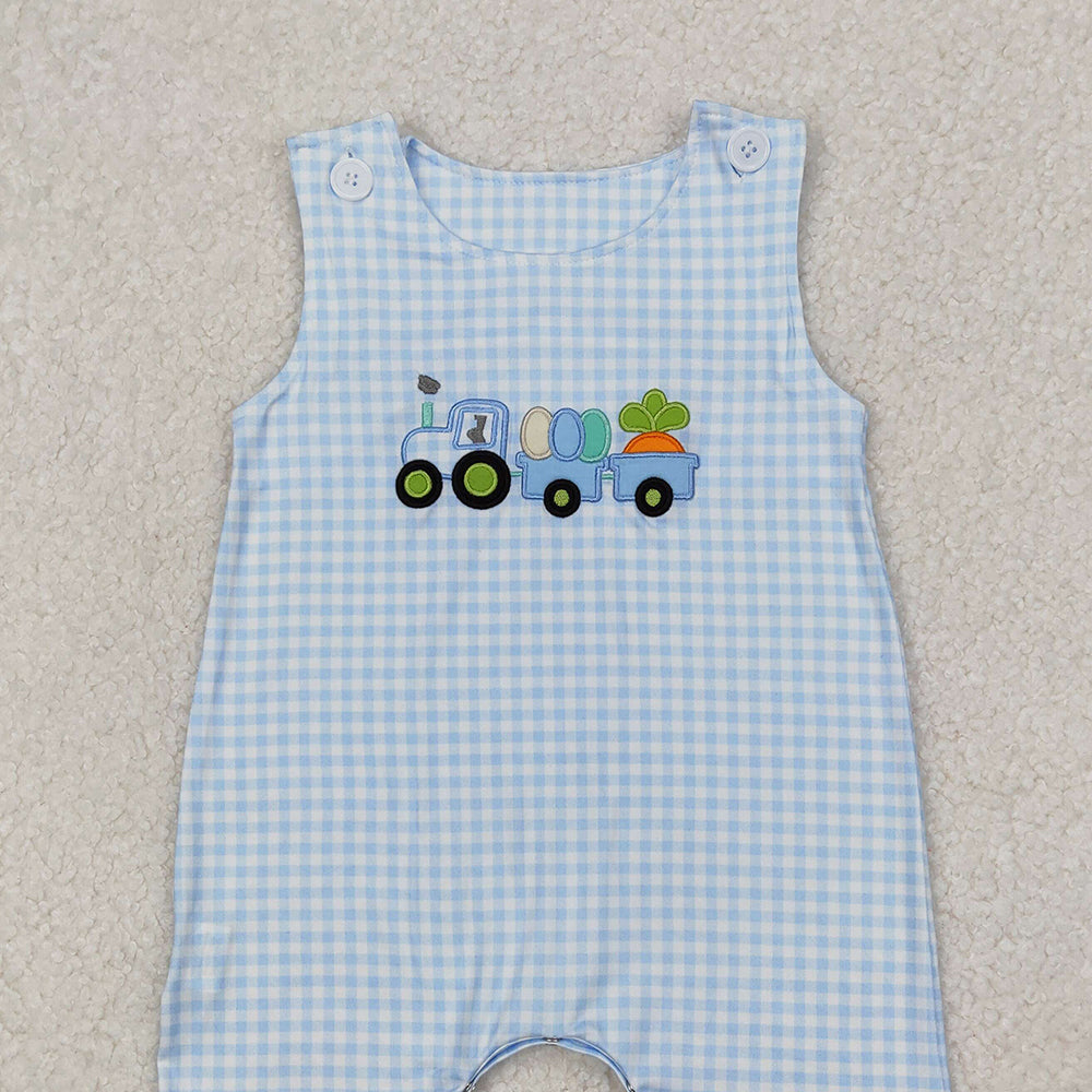 6.24  SR2402 RTS NO MOQ Sleeveless plaid eggs tractor baby boy Easter romper