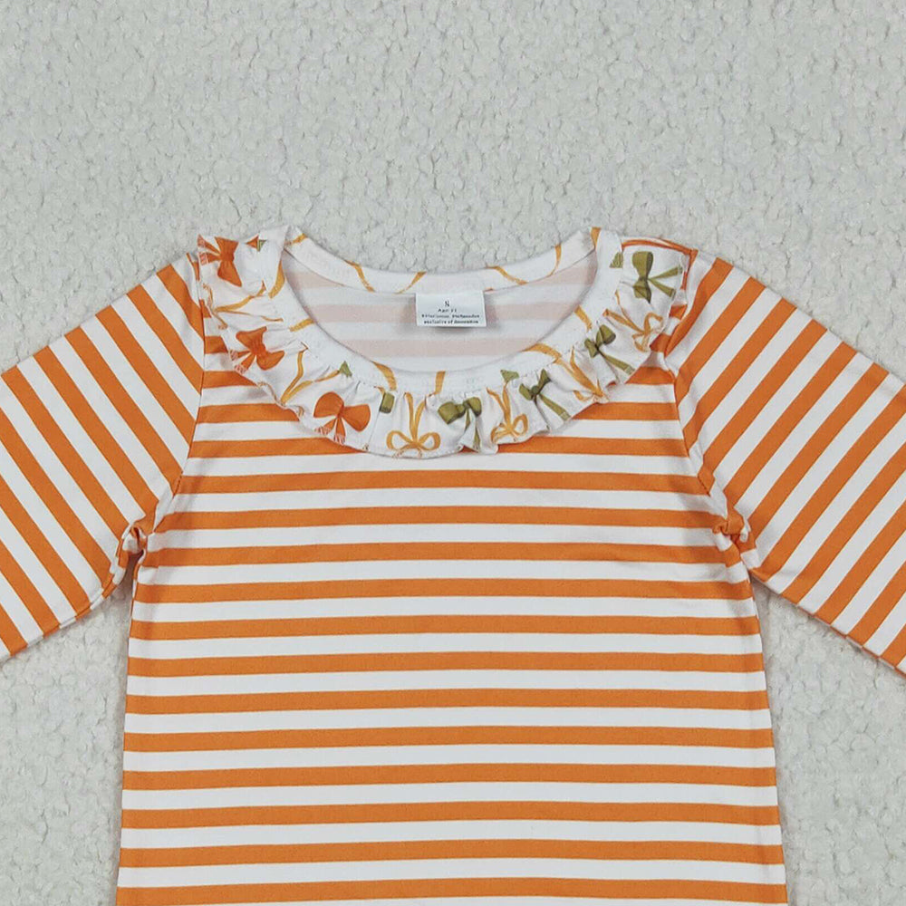 RTS NO MOQ （In stock）GT1074 Baby Girls Long Sleeve Tops Baby Girls Long Ruffle Sleeves Orange Stripes Tee Shirts Tops