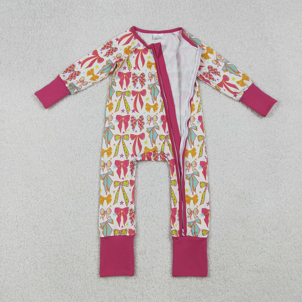 RTS NO MOQ （In stock） LR2468 Baby Girls Winter Rompers Long Sleeves Colorful Bows Stars Zipper Pant Rompers