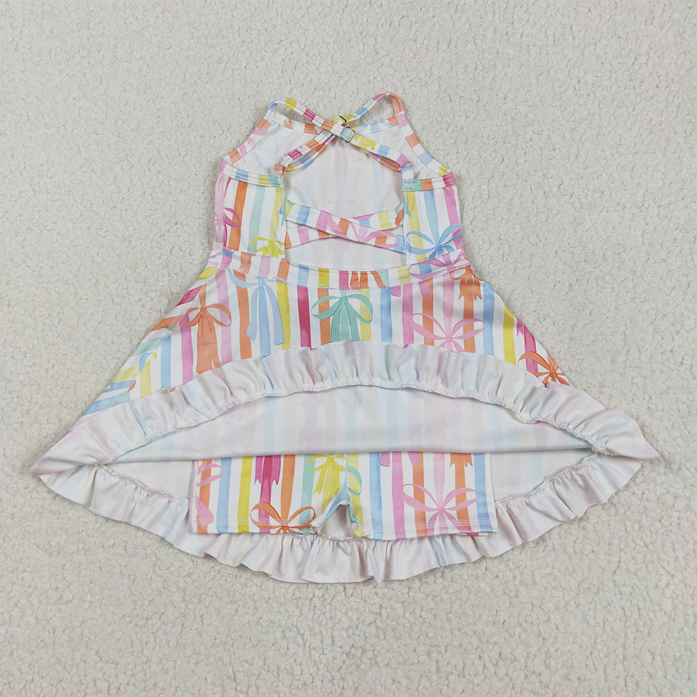 6.18 GSD2288RTS NO MOQ Baby Girls Summer Yoga Dress Baby Girls Strap Colorful Bows Stripe Yoga Ruffle Knee Length Dresses