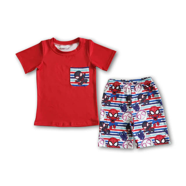 BSSO0062 Sales New RTS No Moq Promotion Red pocket cute kids boy summer clothing