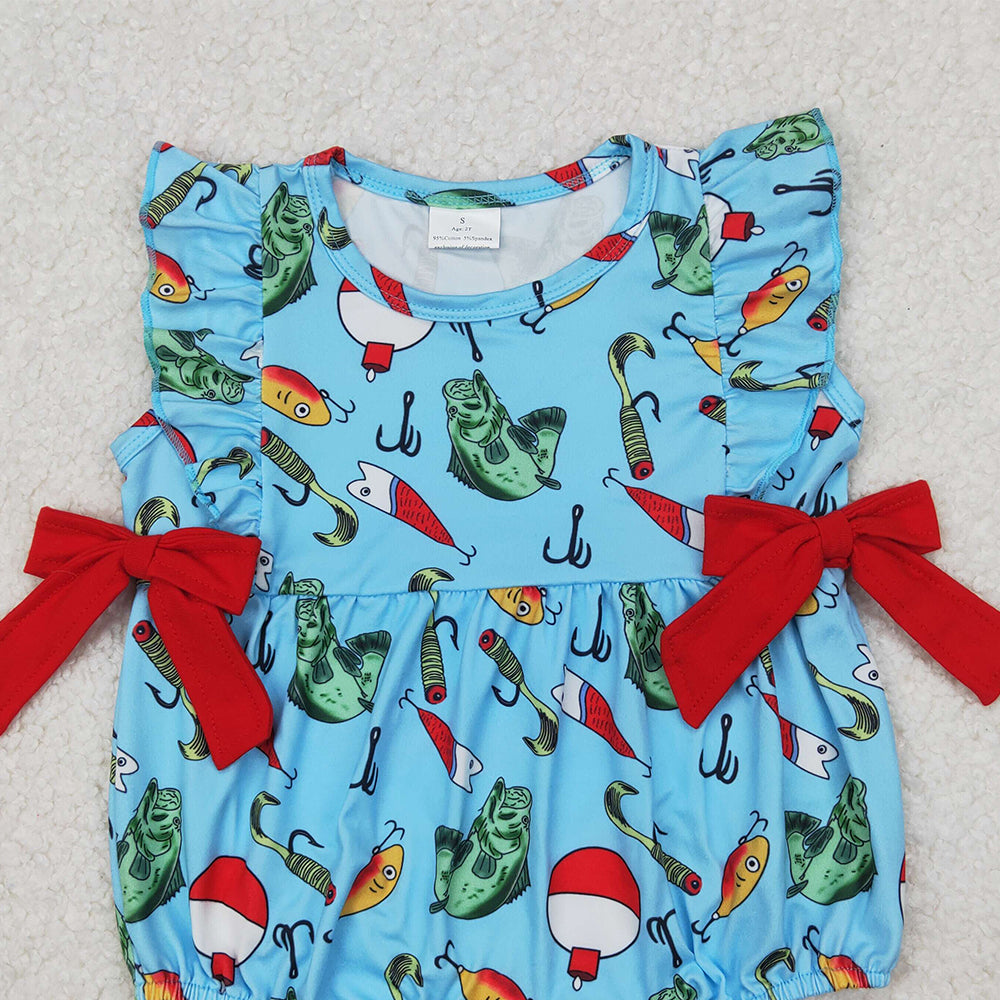 4.08 SR2708 RTS NO MOQ Baby Girls Summer Romper Blue Sleeveless Red Bows Top Fishes Hunting Rompers