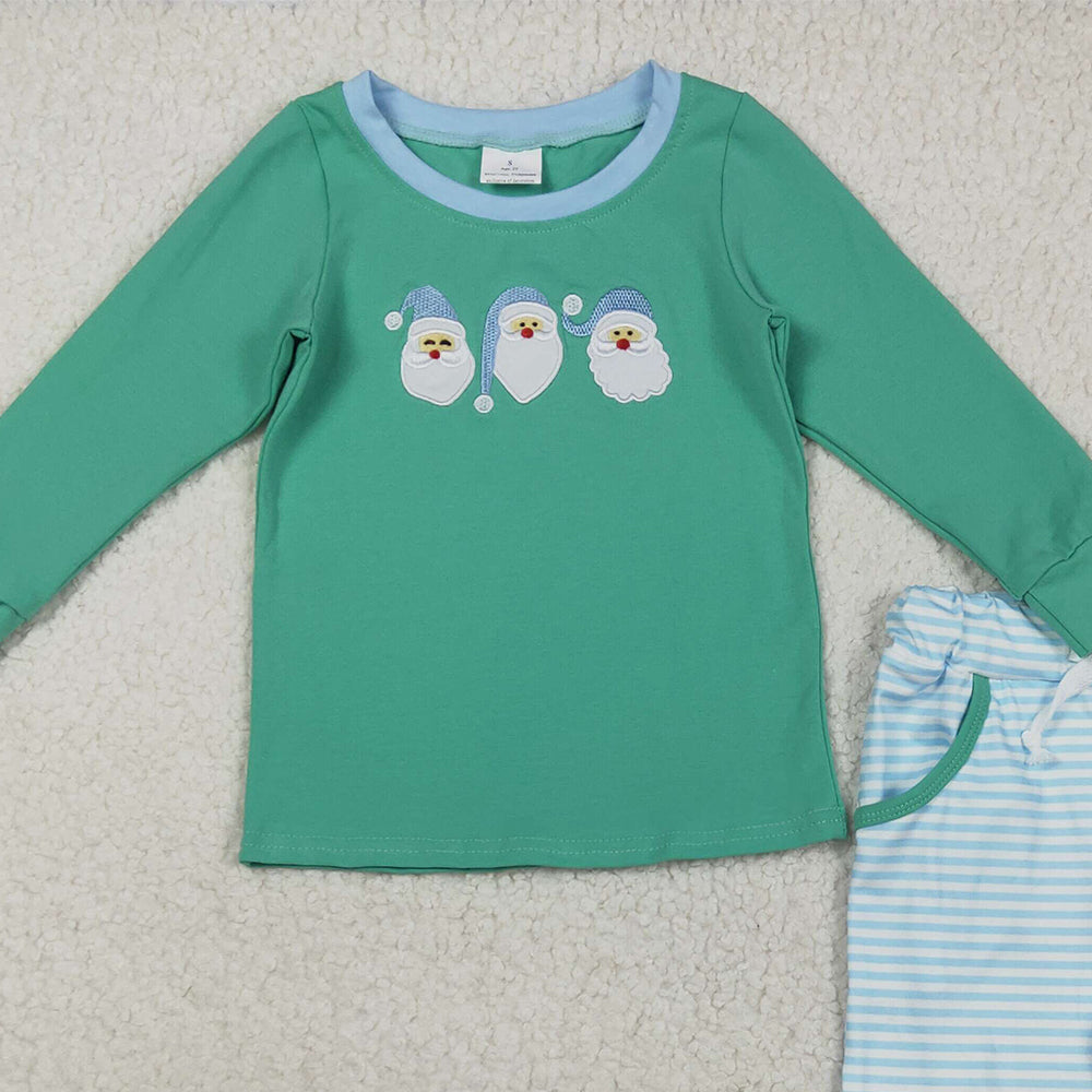 RTS NO MOQ （In stock）BLP1168 Baby Boys Winter Outfits Embroidery Santa Baby Boys Green Top Stripe Pockets Legging Christmas Set