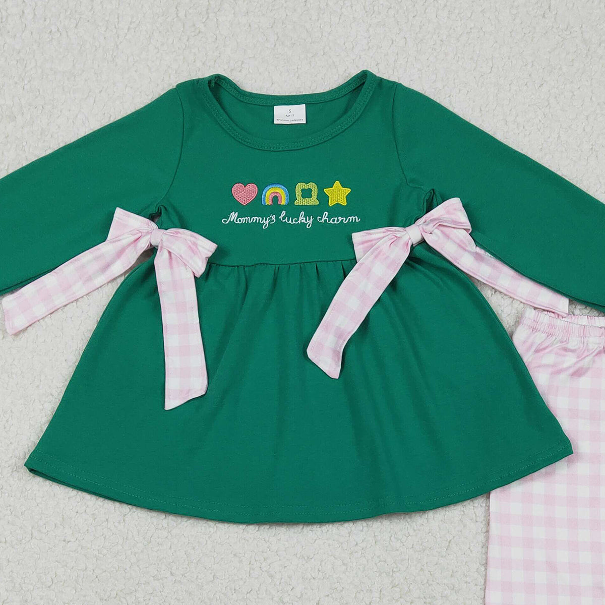 12.15 RTS NO MOQ （In stock）GLP3066 Embroidery Clovers Bows Baby Girls Tunic Checked Leggings St Patrick Clothes Sets