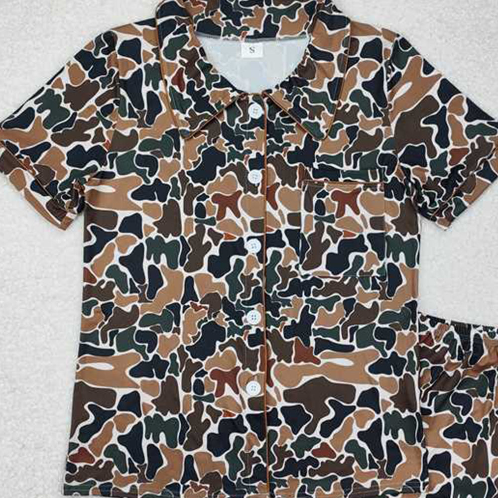 GSSO1538 Women's Dark Camouflage Summer Pajamas Button-Down Long Sleeve Sleepwear Adult Comfortable Soft Cotton Camo Print Nightgown