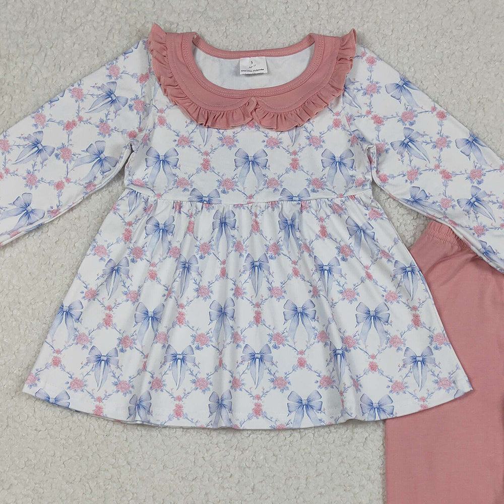 RTS NO MOQ （In stock）GLP2774  Baby Girls Winter Outfits Bows Flowers Checked Tunic Leggings Pant Clothes Sets