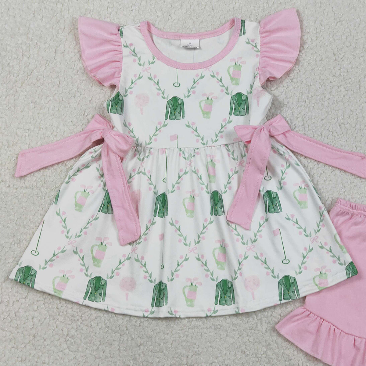 1.23 RTS NO MOQ （In stock）GSSO3063 Baby Girls Flowers Golf Checked Bows Tunic Ruffle Shorts Clothes Sets