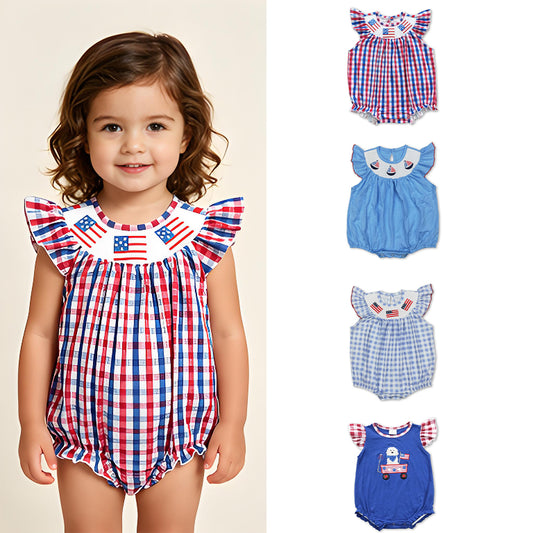 RTS Sibling Flag embroidery smock baby girls 4th of july romper