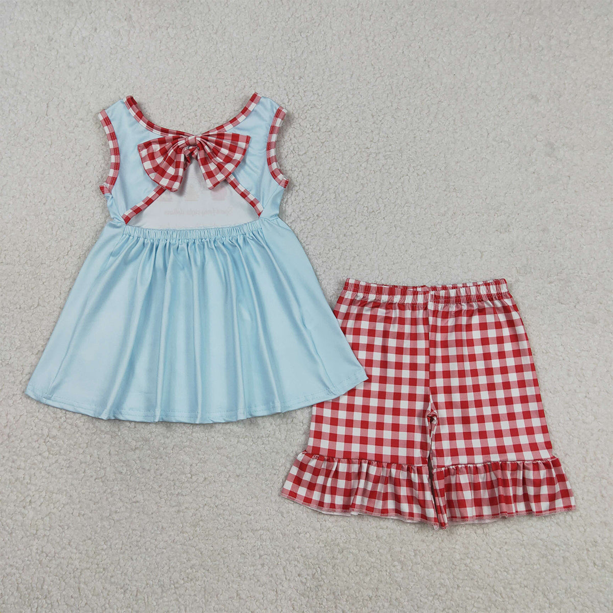 3.17 RTS NO MOQ （In stock）GSSO2544 Kids Clothing for Baby Girls Sleeveless Tunic Top Red Checked Ruffle Short Clothes Set