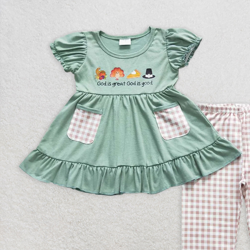 GSPO0827 RTS NO MOQ Baby Girls Spring Outfits god is great offset turkey pocket green short sleeve plaid trousers suit