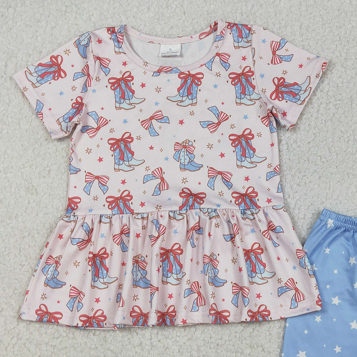 12.12 RTS NO MOQ （In stock）GSSO2837 Baby Girls Bows Boots Stars Tunic Shorts Western July 4th Clothes Sets