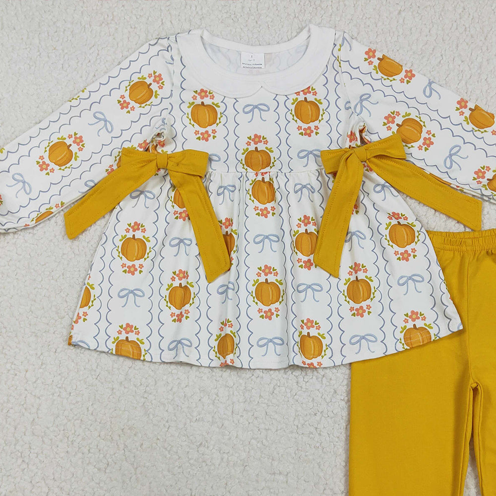 8.23 RTS NO MOQ （In stock）GLP2554 Baby Girls Winter Outfits Baby Girls Yellow Pumpkins Bows Plaid Tunic Ruffle Pant Fall Set