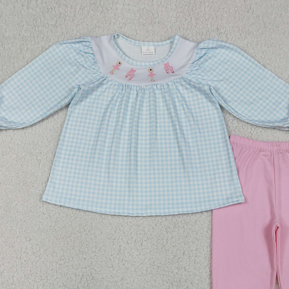 12.19 RTS NO MOQ （In stock）GLP2925 Embroidery Dancer Shoes Baby Girls Checked Tunic Ruffle Pants Clothes Sets