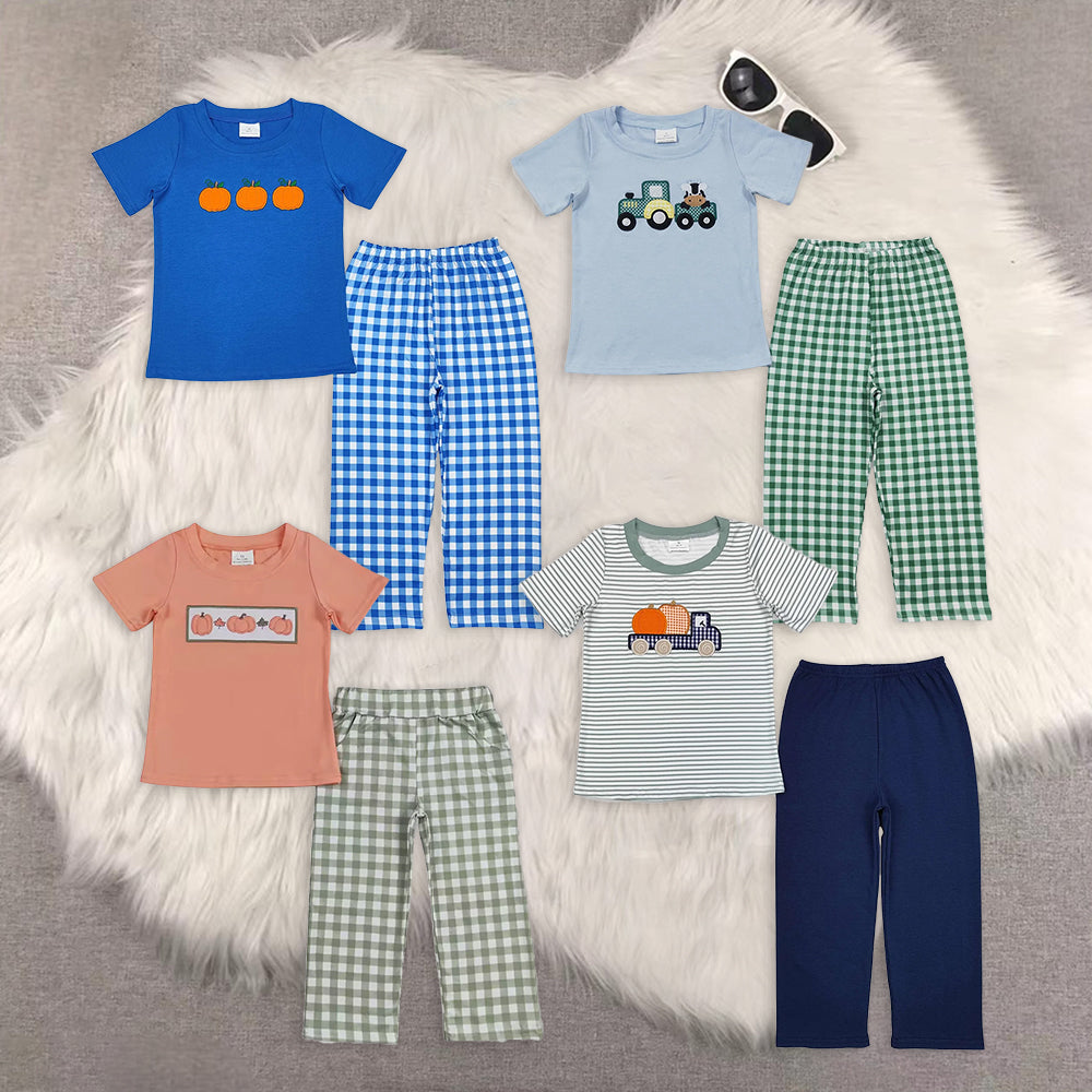8.13   RTS Sibling Baby Boys Spring Outfits Blue pocket top plaid pants boys fall clothing set