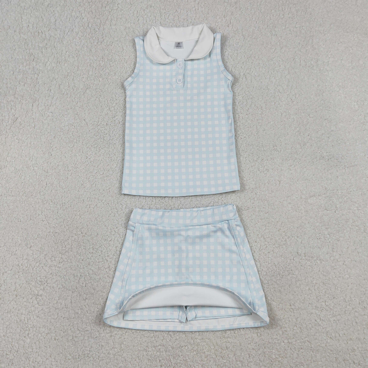 1.17 RTS NO MOQ （In stock）GSD3375 Baby Girls Light Blue Checked Button Collar Top Skirt Shorts Yoga Active Clothes Sets