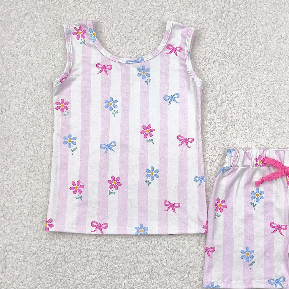 7.19 GSSO2476 RTS NO MOQ Baby Girls Summer Outfits baby girl clothes floral bow sleeveless shorts set