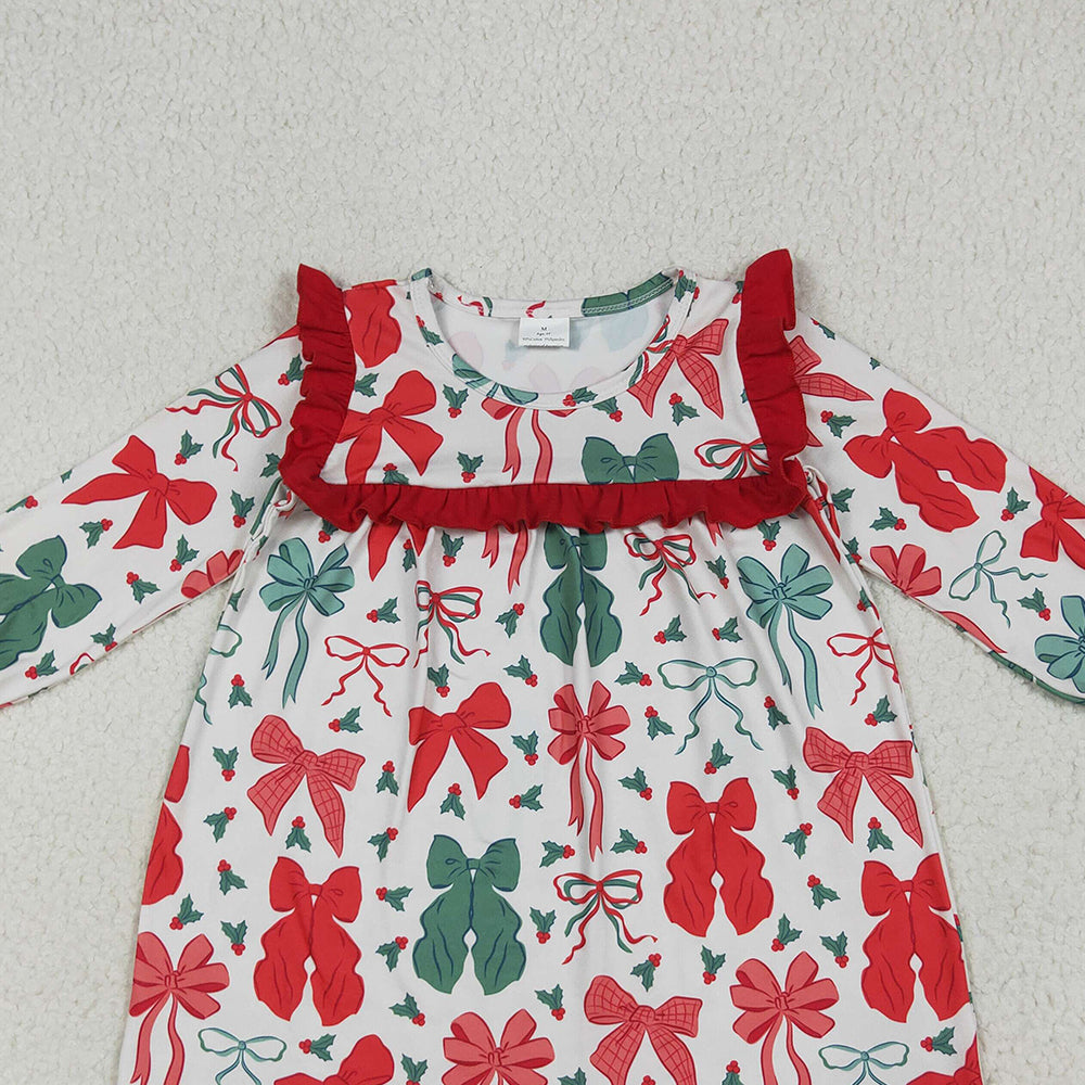 GLD1046 RTS NO MOQ Baby Girls Winter Dress Baby Girls Long Ruffle Sleeves Red Green Bows Knee Length Dresses