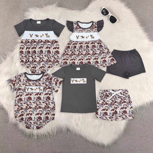 8.01   Sibling Deer dog top camo shorts kids boys clothing rompers