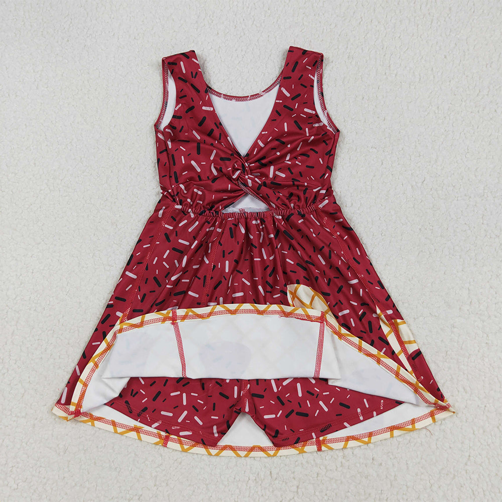 RTS NO MOQ （In stock）GSD2749 Baby Girls Summer Yoga Dress Baby Girls Dark Red Drip Sleeveless Shorts Team Yoga Active Knee Length Dresses