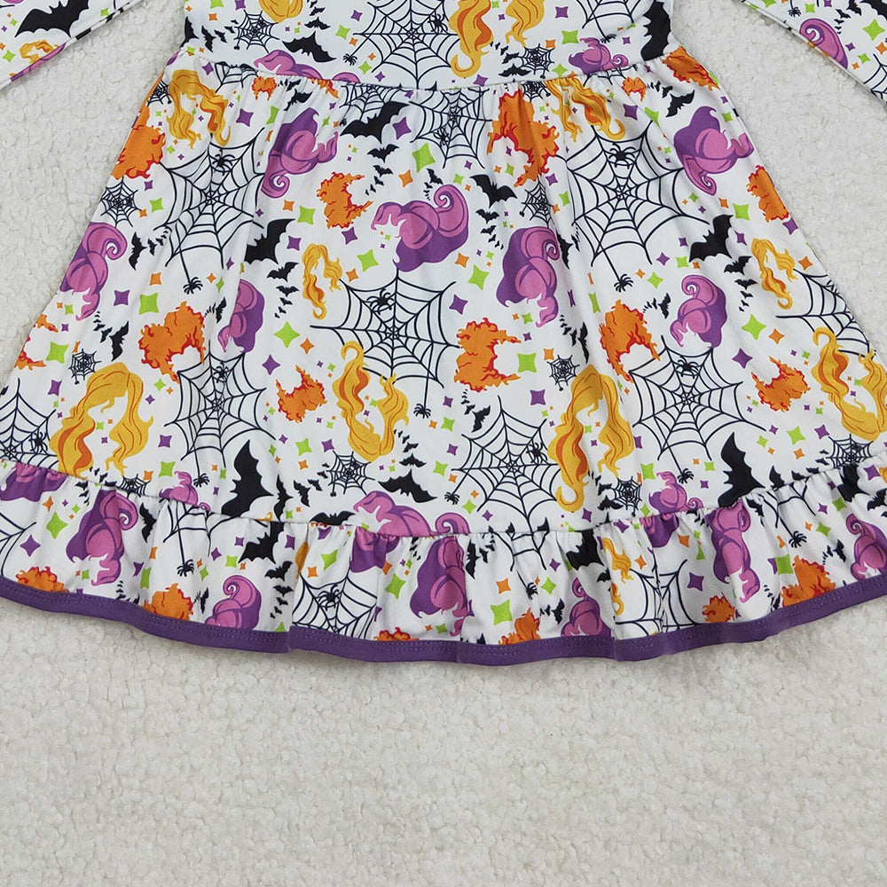 RTS NO MOQ （In stock）GLD1249 Baby Girls Winter Dress  Halloween Ruffle Knee-Length Dress Cartoon Spider Theme Cute And Spooky Halloween Costume