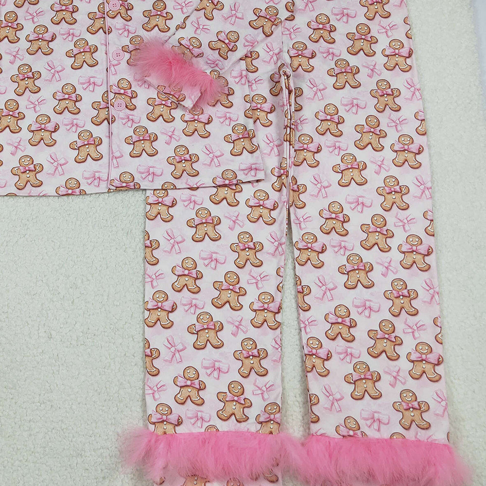 10.10 RTS NO MOQ （In stock）GLP2716 Adult Women Bows Gingerbread Button Top Pants Christmas Fur Pajamas Set