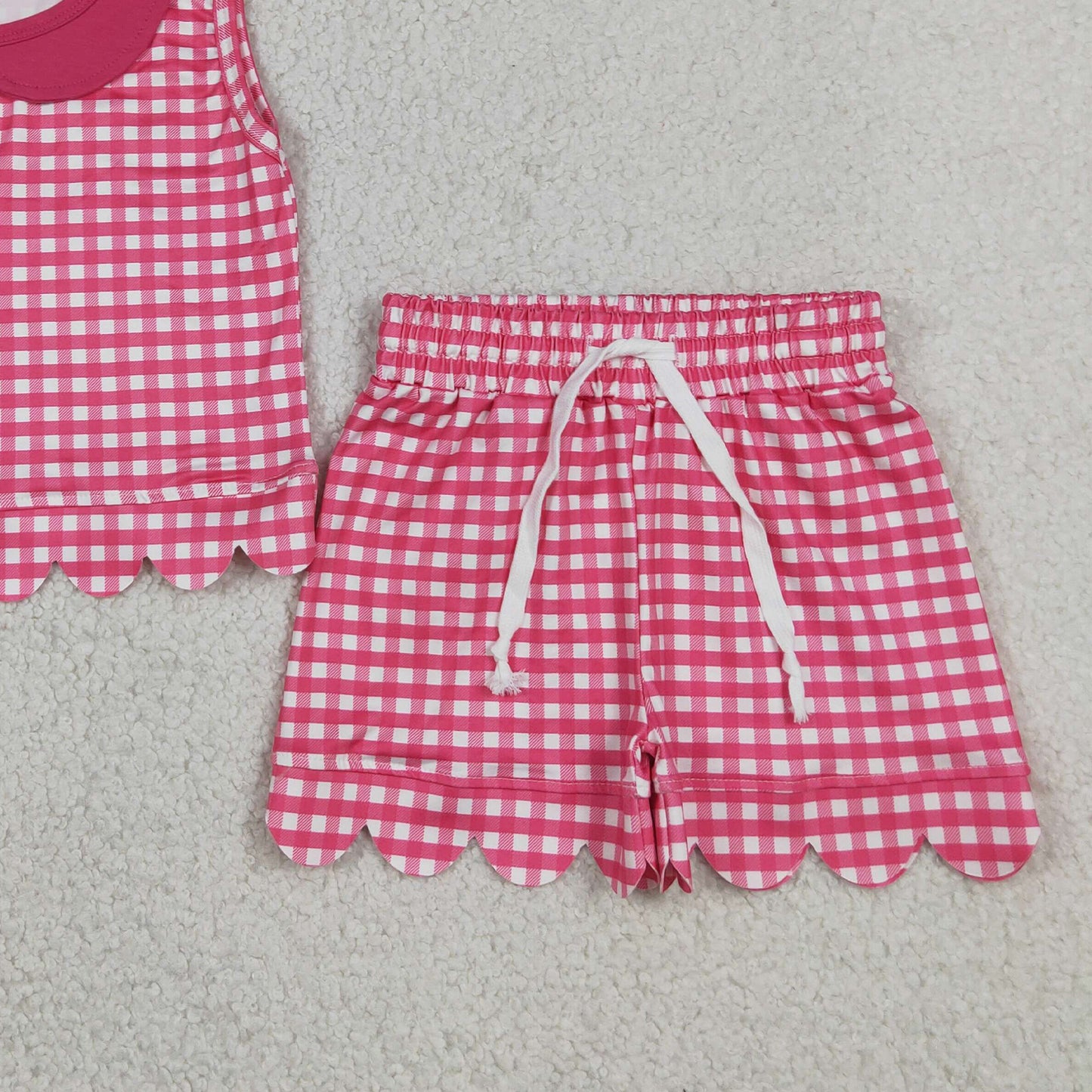GSSO3395 RTS NO MOQ （In stock）Sleeveless hot pink plaid scallop top shorts girls outfits
