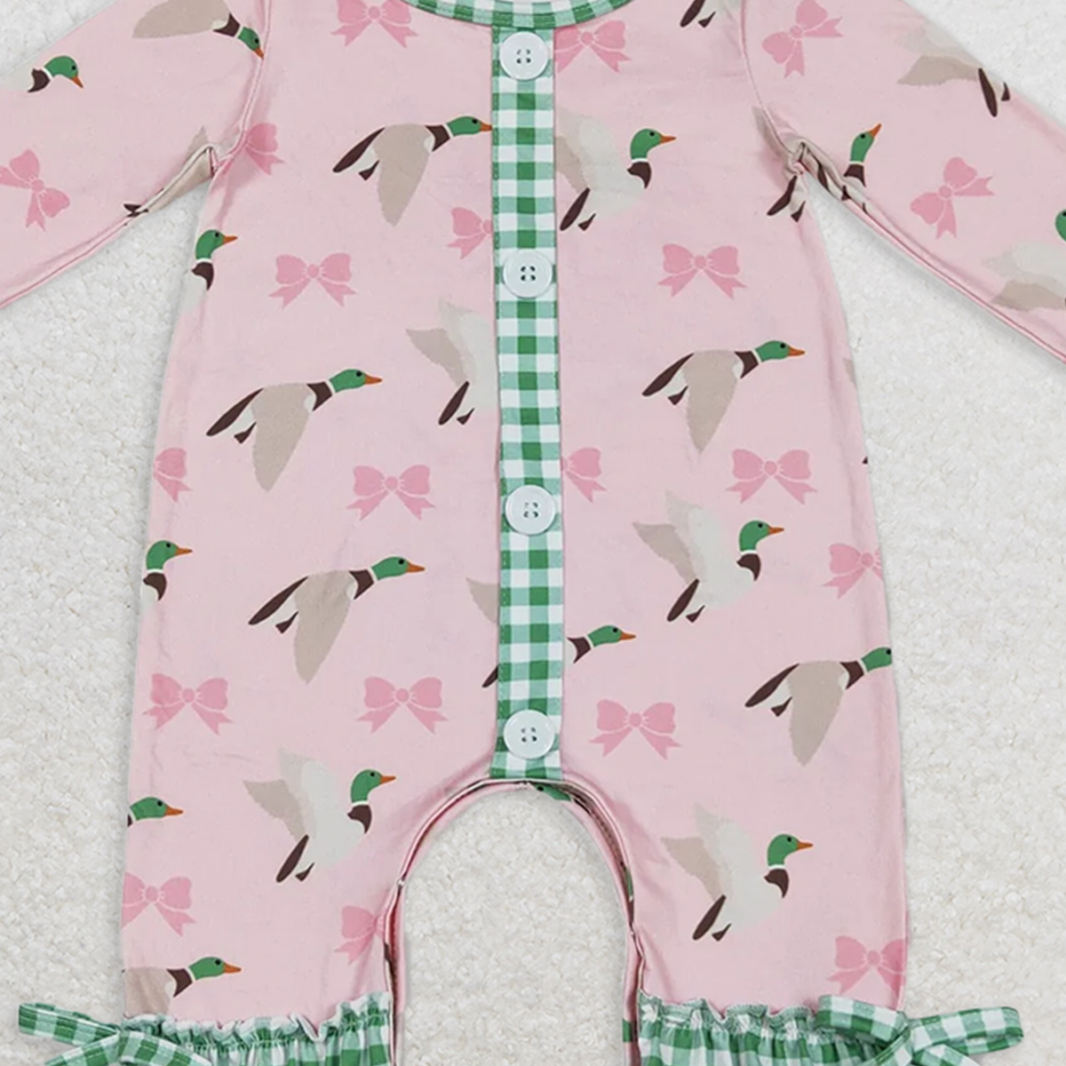 LR1689RTS NO MOQ Baby Girls Winter Rompers Green plaid ruffle duck bow baby girls romper