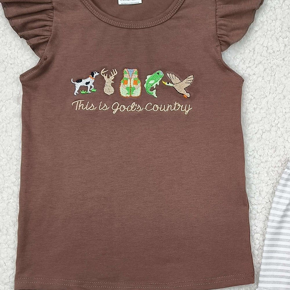 6.09    GSSO2353 RTS NO MOQ Baby Girls Summer Outfits Baby Girls Brown Flutter Sleeves Gods Country Top Ruffle Stripe Short Set