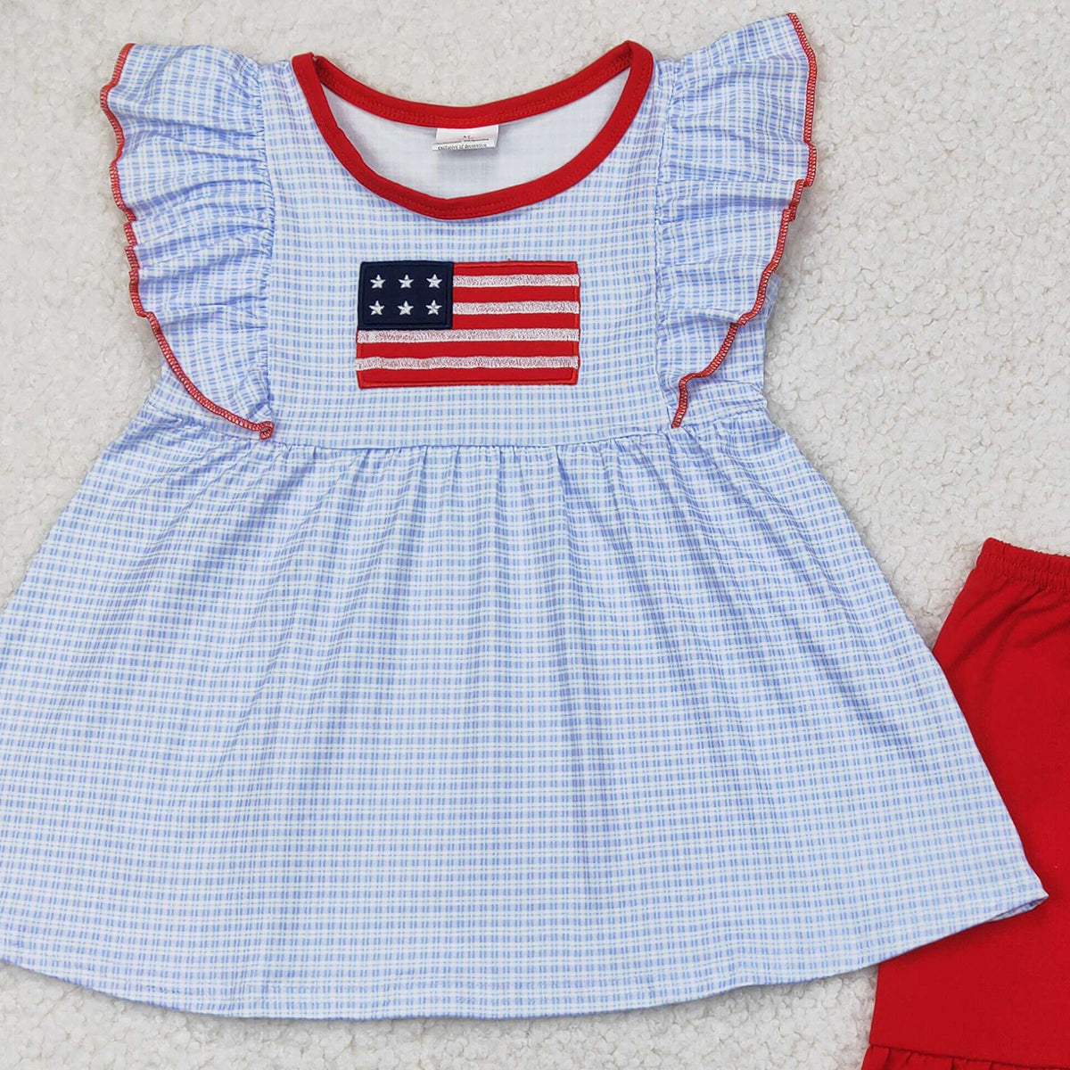 6.21 GSSO2238 RTS NO MOQ Baby Girls Summer Outfits Embroidery Baby Girls Blue Checkered Flag Tunic Top Ruffle Shorts Clothes Sets