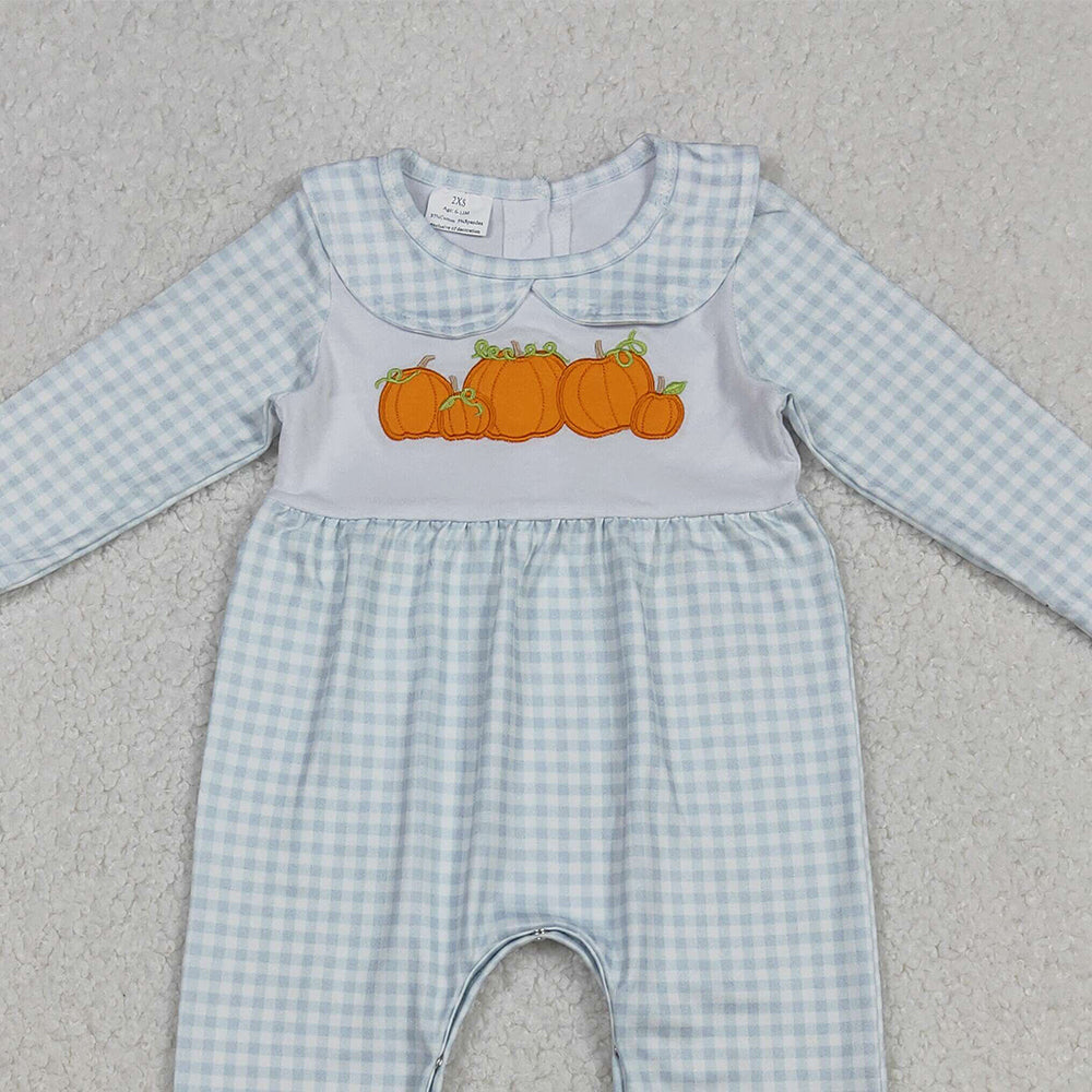 RTS NO MOQ （In stock）LR2560Baby Girls Winter Rompers Embroidery Pumpkins Blue Plaid Fall Footed Rompers