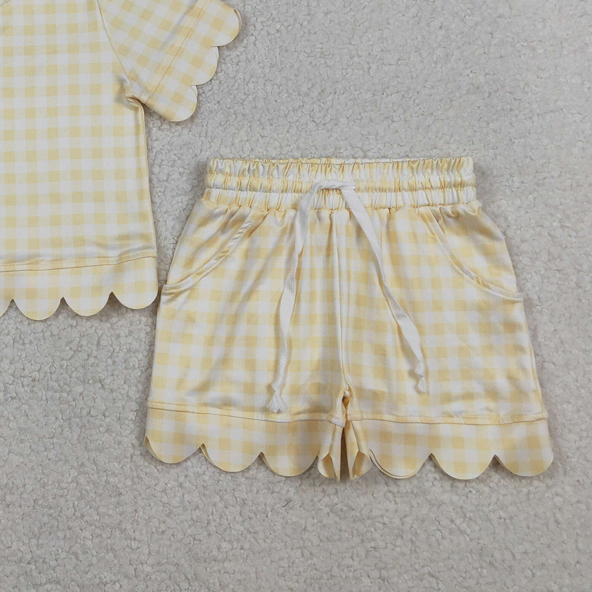3.28 RTS NO MOQ （In stock）GSSO3185 Yellow plaid scallop top shorts girls summer outfit