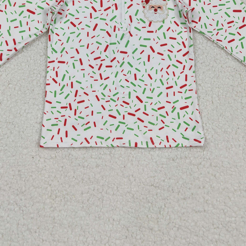 RTS NO MOQ （In stock）BT1294 Baby Boys Long Sleeve Tops Embroidery Santa  Red Green Spinkles Zipper Pullovers Top