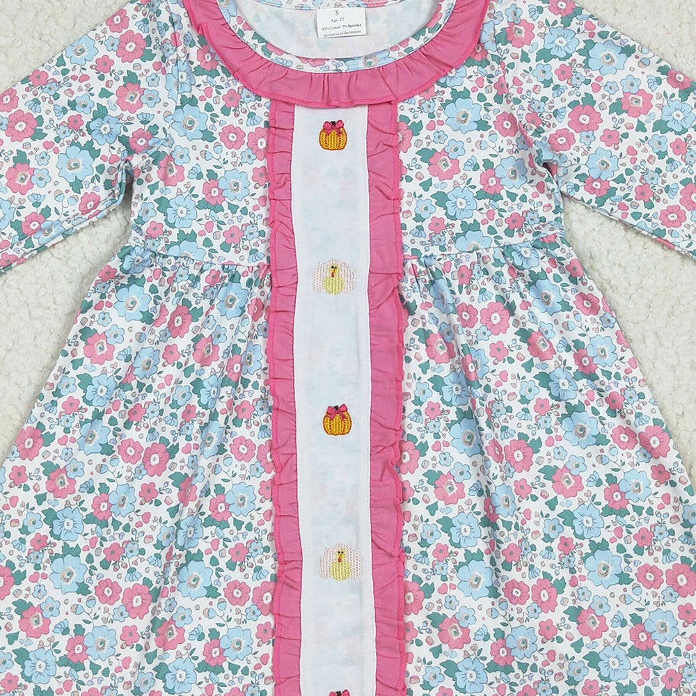 7.10 GLD1053 RTS NO MOQ Baby Girls Dress Embroidery Baby Girls Long Ruffle Sleeves Floral Turkey Pumpkins Knee Length Dresses