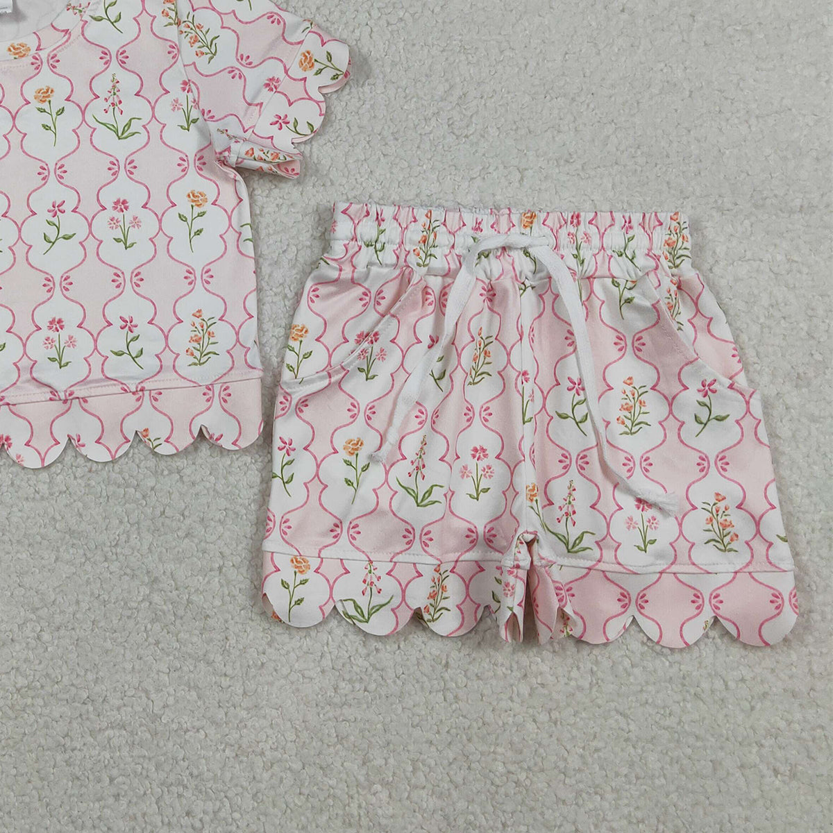 3.27 GSSO3271 RTS NO MOQ （In stock ）Short sleeves pink floral scallop kids girls summer outfits