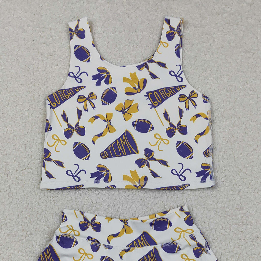 RTS NO MOQ （In stock）GSD2690 Baby Girls Yoga Sets Baby Girls Purple Footballs Bows Plaid Vest Top Skorts Team Yoga Active Set