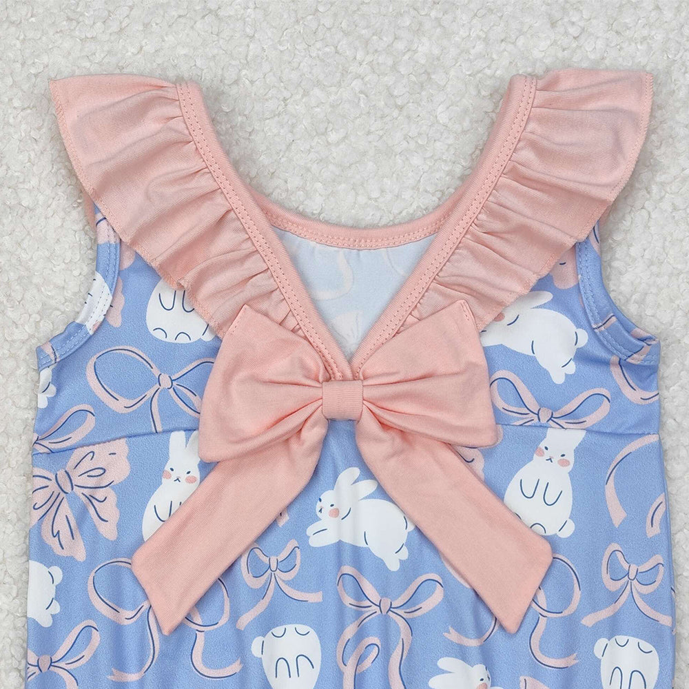 SR2583Baby Girls Sleeveless Ruffle Bunny Bow Romper Easter Outfit Spring Summer Casual Comfortable Clothes for Infants