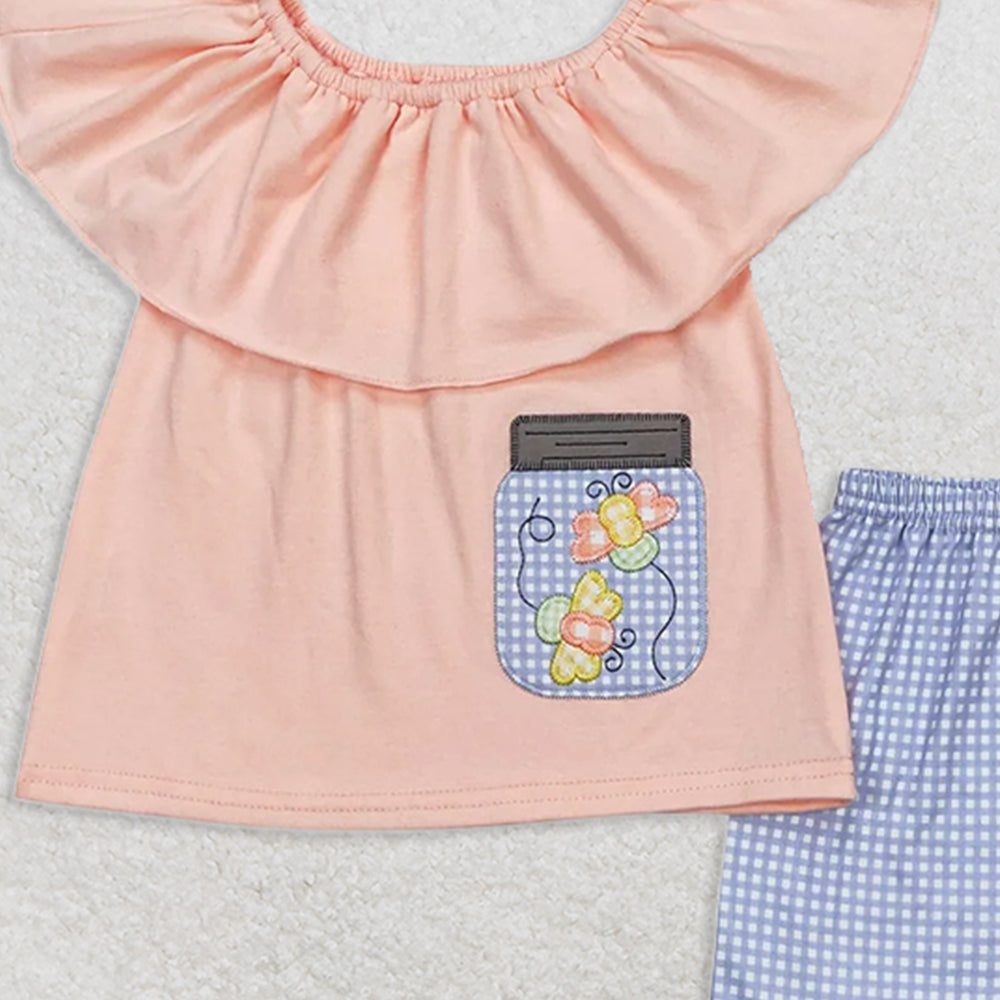 GSSO0682RTS NO MOQ Baby Girls Summer Outfits  Embroidered bee pink and orange lace top and blue plaid shorts set