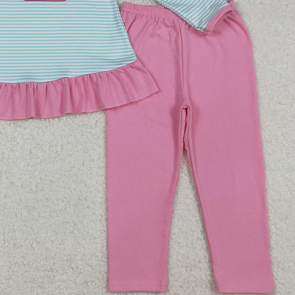 RTS NO MOQ （In stock）GLP2466 Baby Girls Winter Outfits Blue Stripe Long Sleeves Excavator Tunic Pink Legging Pant Set