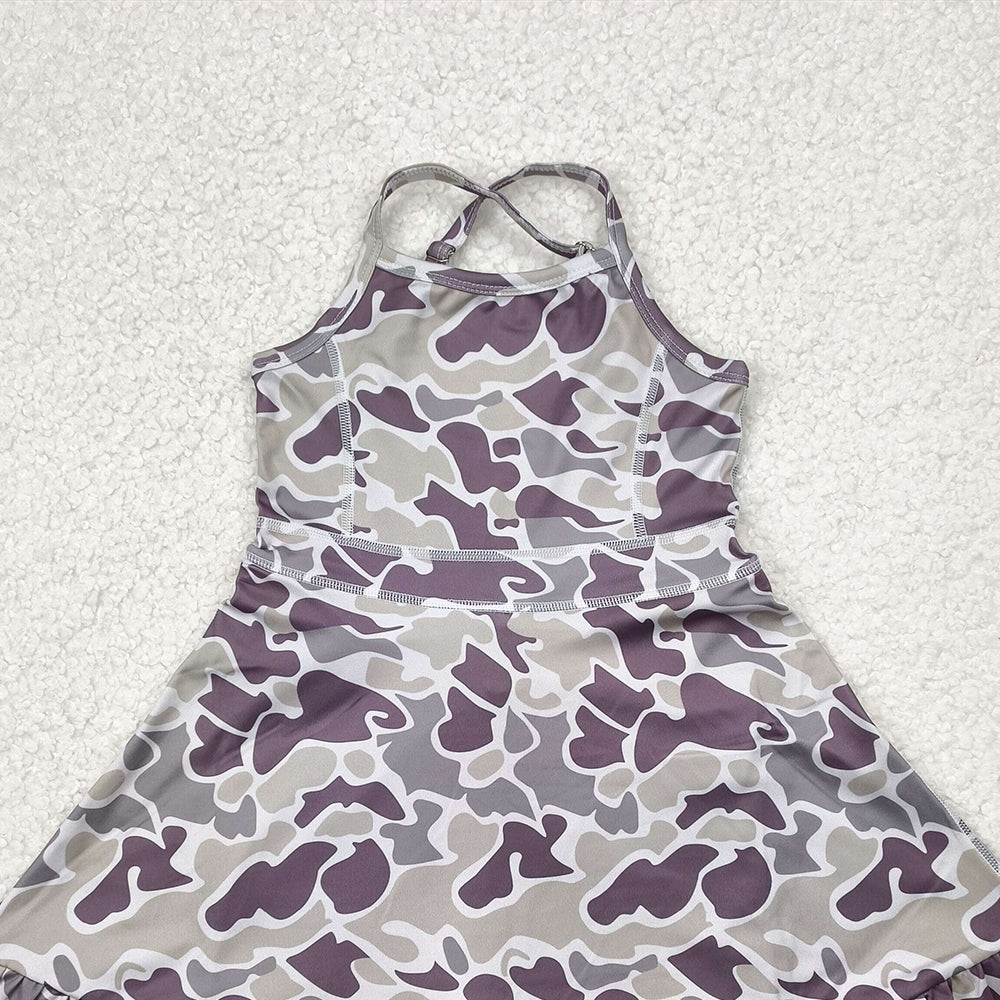 6.16    GSD2312 RTS NO MOQ Baby Girls Summer Yoga Dress Baby Girls Strap Purple Camo Yoga Ruffle Knee Length Dresses
