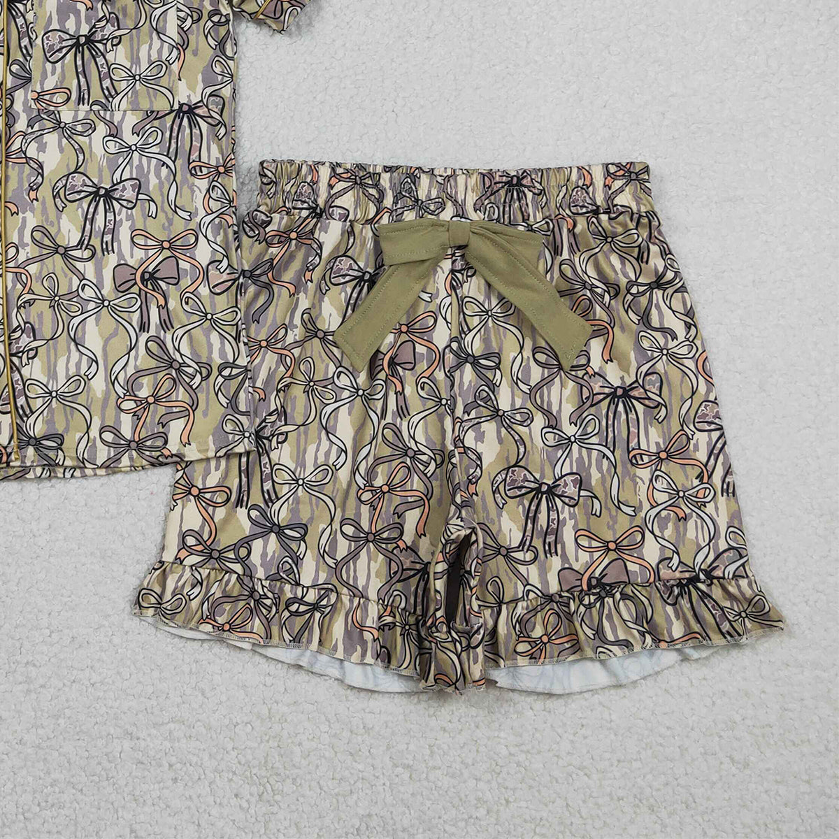 2.7 RTS NO MOQ （In stock）GSSO3166 Adult Women Southern Olive Camo Bows Button Pocket Top Ruffle Shorts P