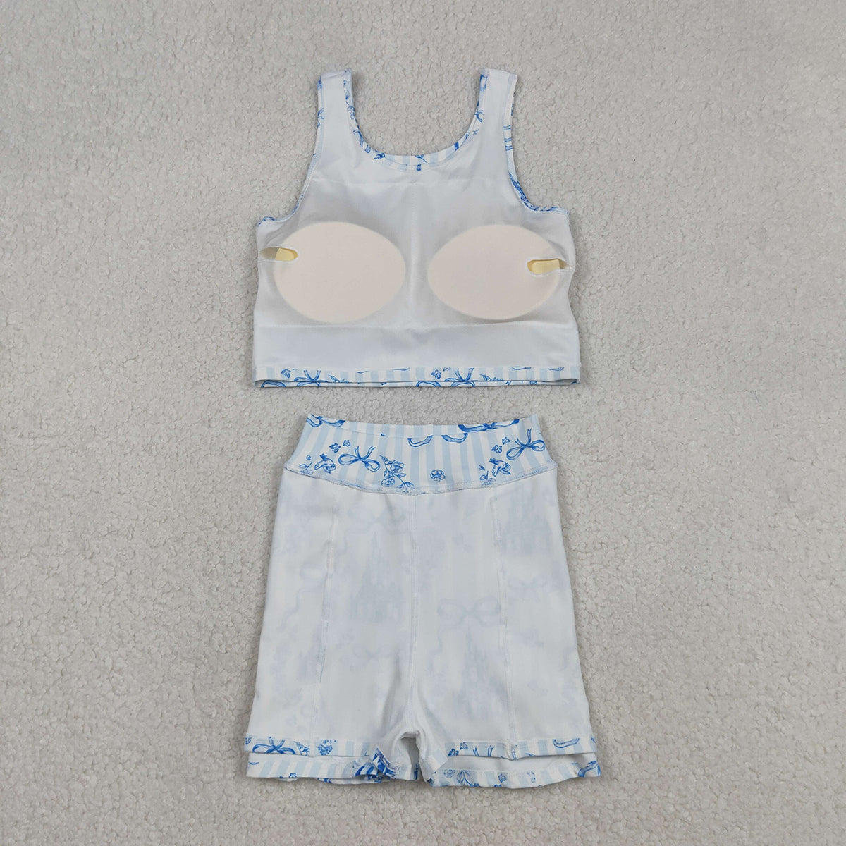 12.13 RTS NO MOQ （In stock）GSD3067 Baby Girls Blue Castles Bows Top Skirt Shorts Yoga Active Clothes Set