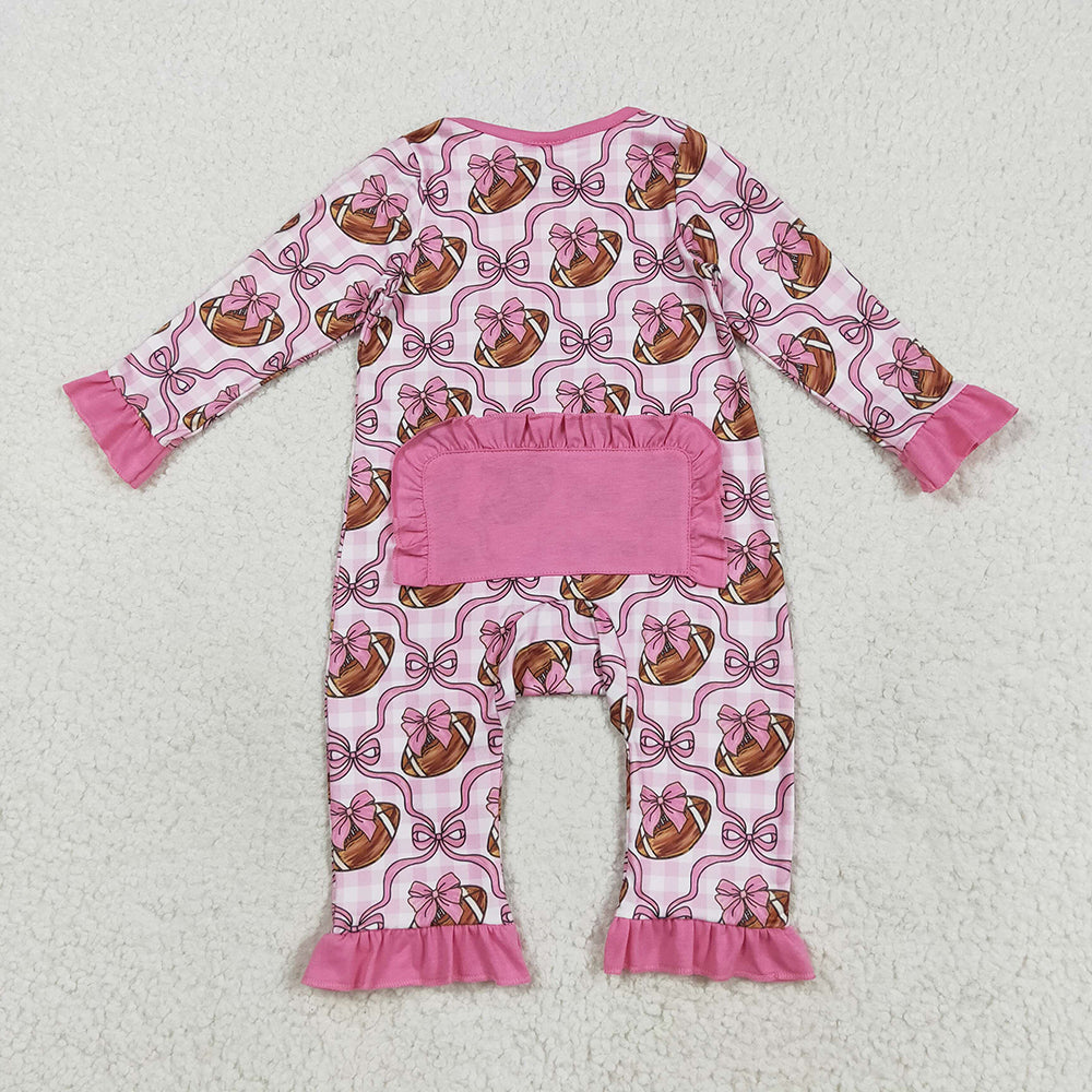 RTS NO MOQ （In stock）LR2361 Baby Girls Winter Rompers Baby Girls Pink Bows Footballs Ruffle Zipper Footie Rompers