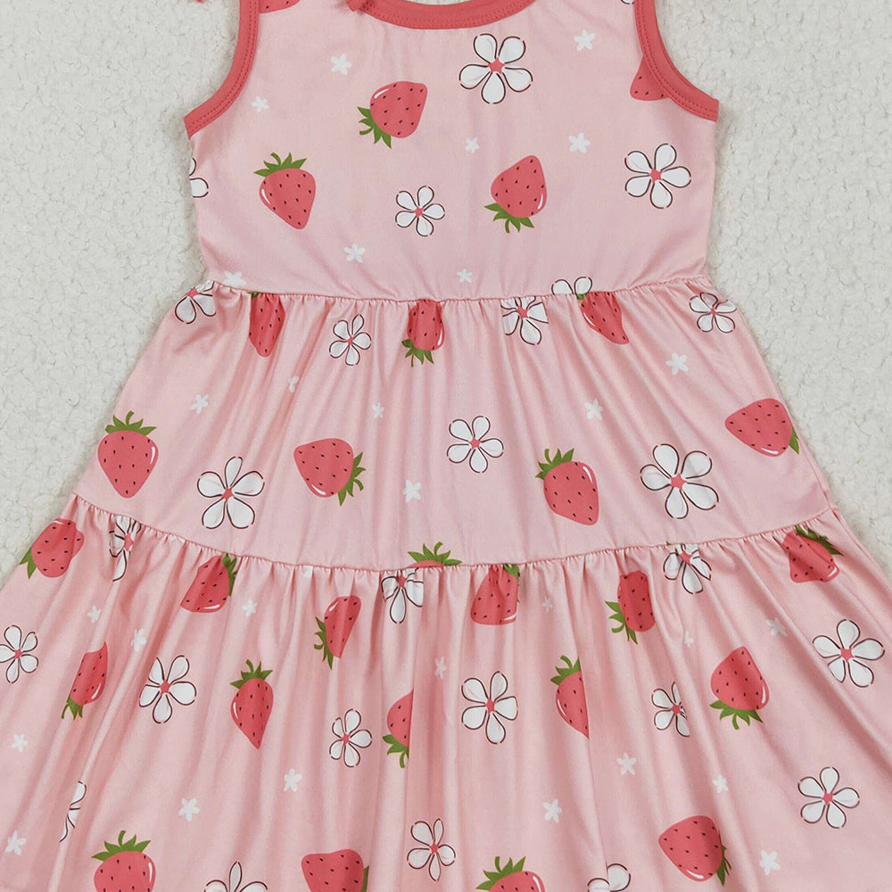 GSD2159RTS NO MOQ Baby Girls Summer Dress Strawberry Floral Patchwork Dress Sleeveless for Baby Girls Cute Print Summer Casual Wear for Little Girls