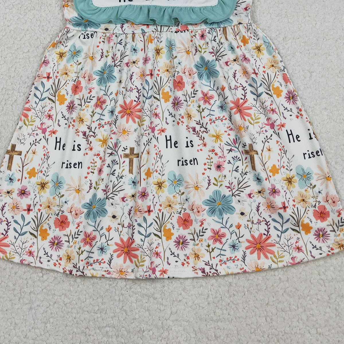 1.16 RTS NO MOQ （In stock）GSD3504 Baby Girls Crosses He is Risen Flowers Easter Knee Length Dresses
